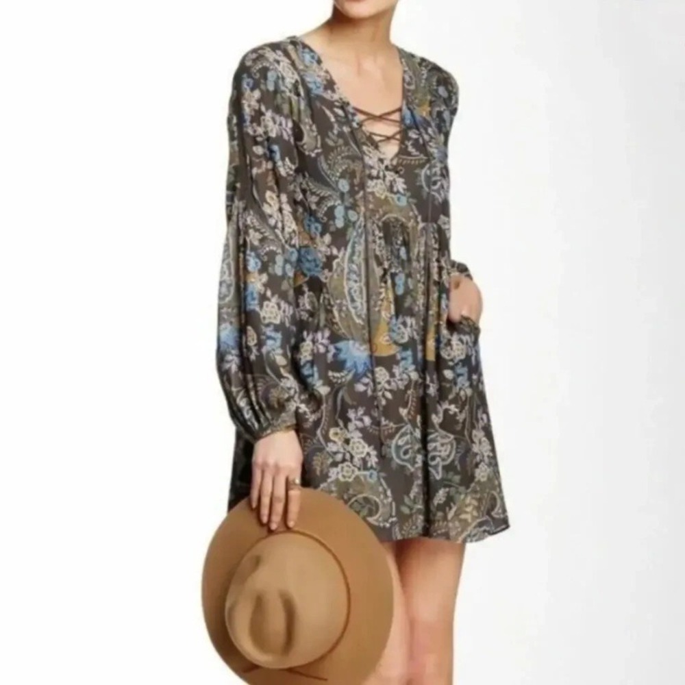 Free People Rain‎ or Shine Tunic Mini Dress Paisley Blue Floral Crochet Size XS